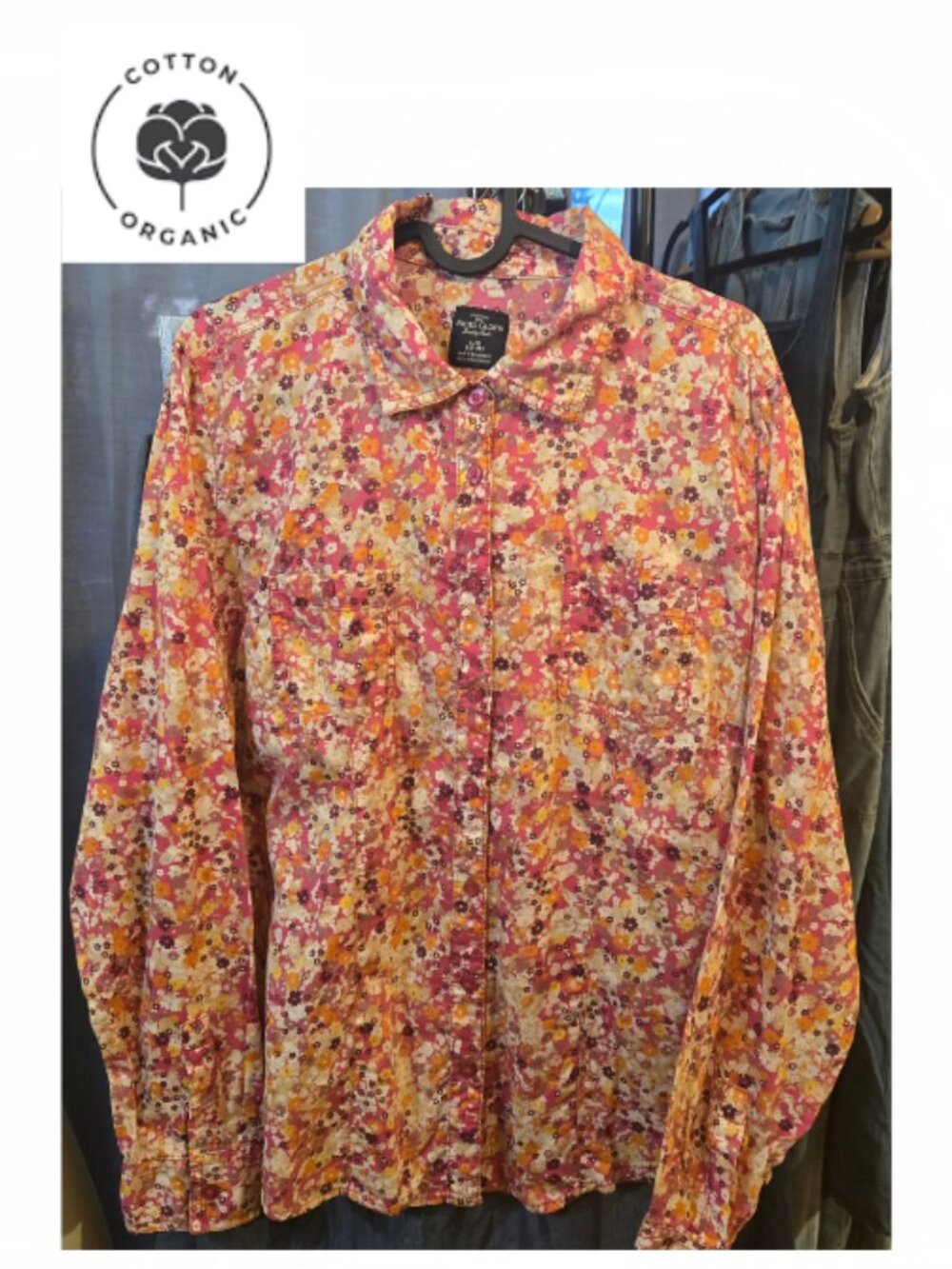 Pink Floral Organic Cotton button-down Shirt size Large (12-14)